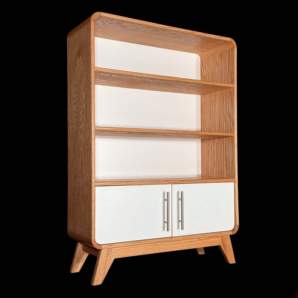 Three-shelf bookcase with soft-close cabinet doors